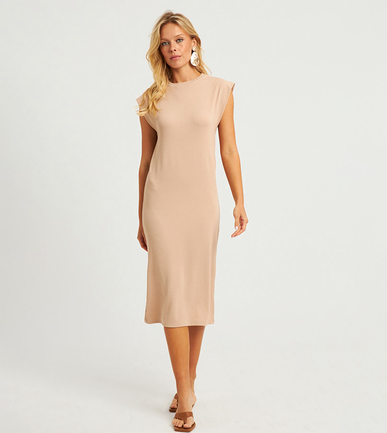 Buy Cool & Sexy Ribbed Short Sleeves Midi Dress In Beige | 6thstreet Qatar