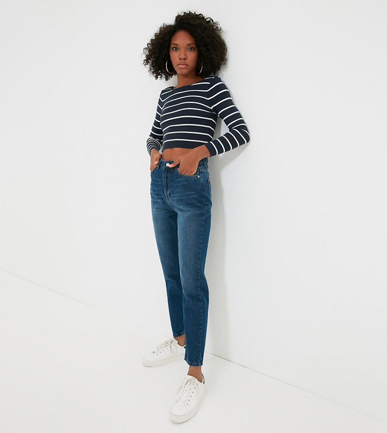 Trendyol Curve Blue High Waist Elastic Waist Mom Jeans