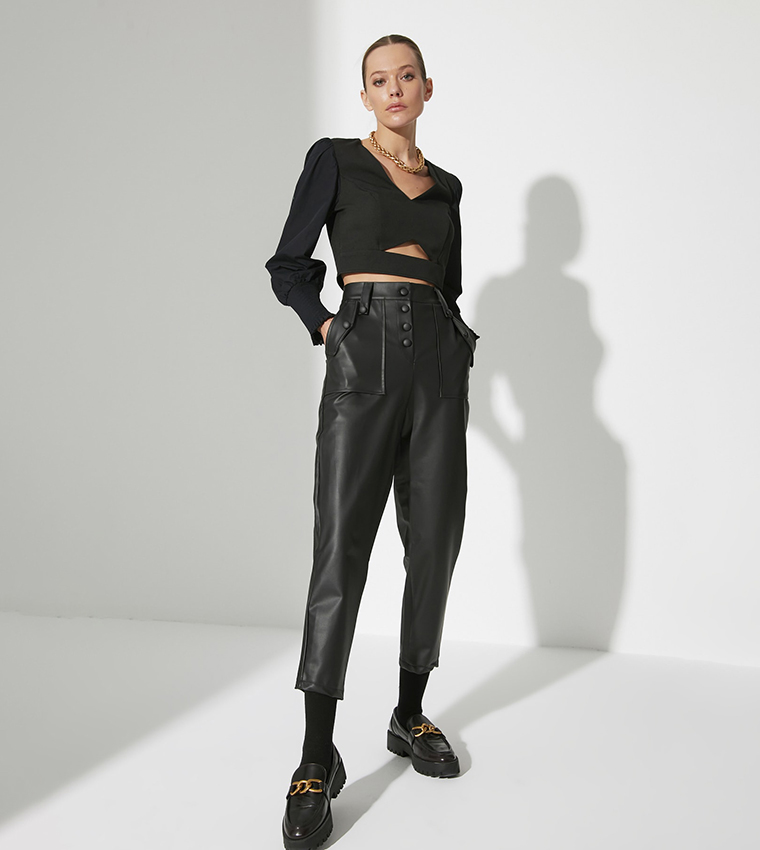 Trendyol Collection Black Cigarette Woven Faux Leather Trousers