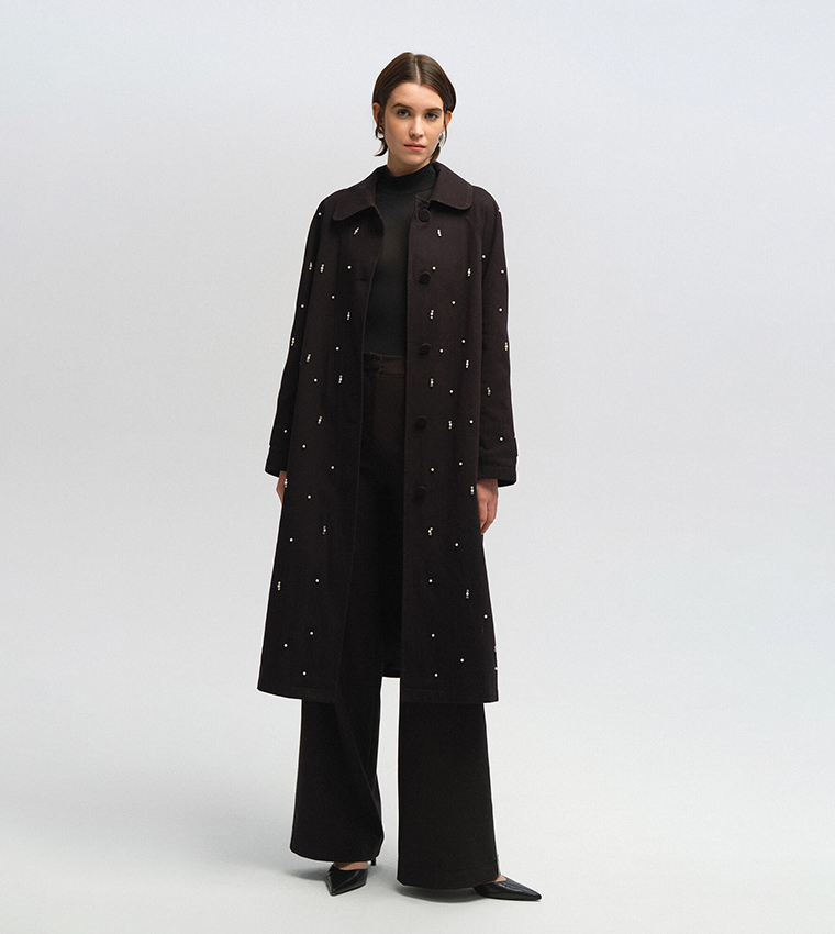 Buy Touche Prive Stone Embellished Trench Coat In Black 6thStreet UAE