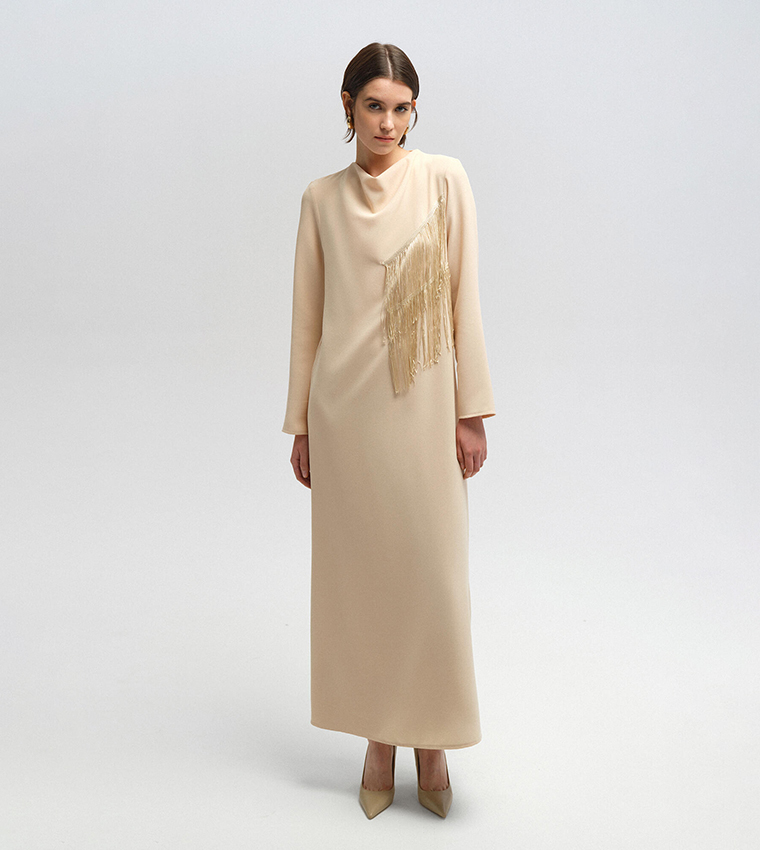 Fringe Detail Crepe A-Line Dress