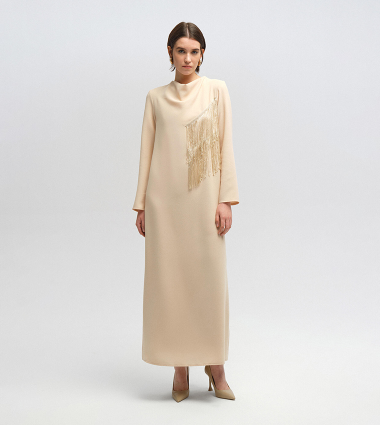 Fringe Detail Crepe A-Line Dress