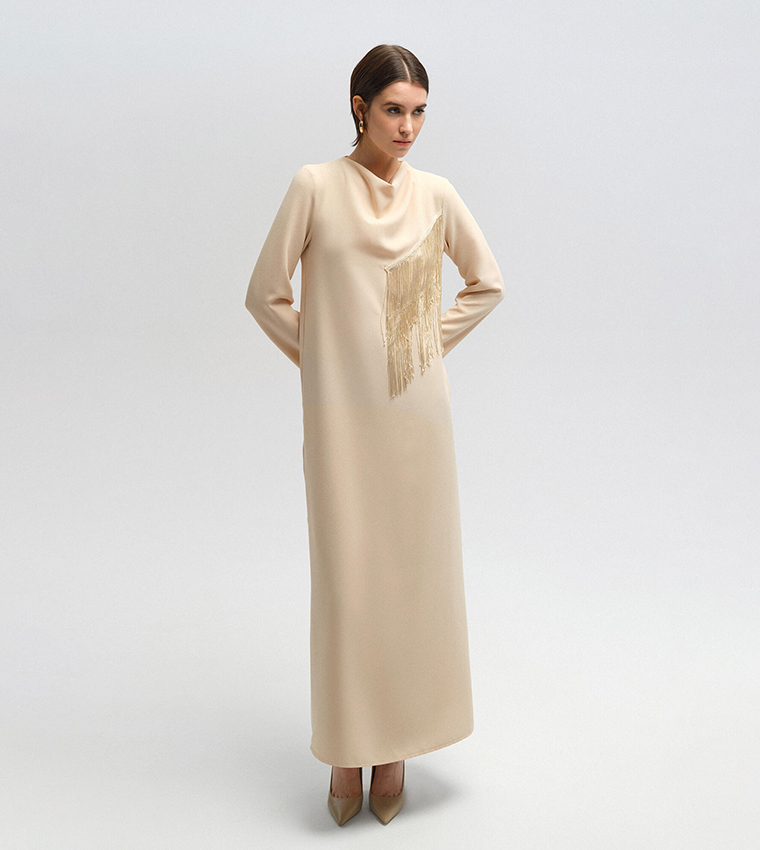 Fringe Detail Crepe A-Line Dress
