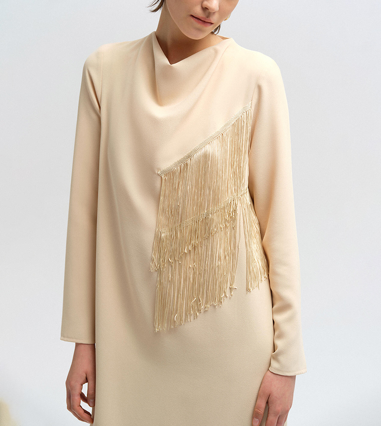 Fringe Detail Crepe A-Line Dress