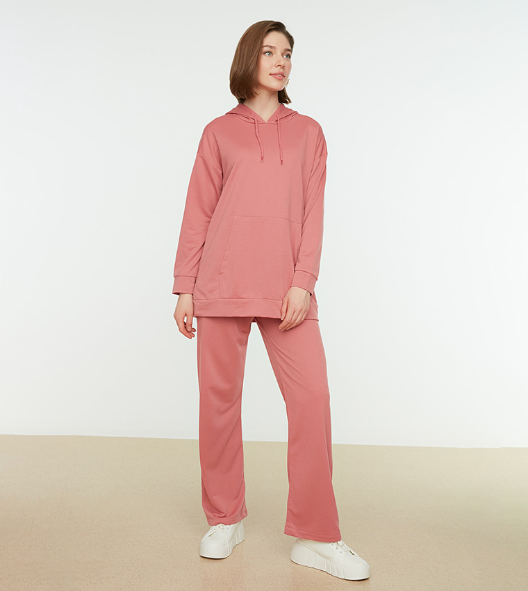Buy Trendyol Hooded Neck Pocket Wide Leg Knitted Tracksuit Set In