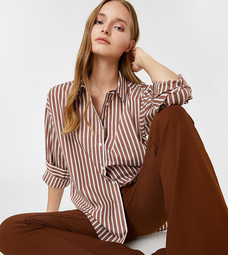 Trendyol Collection Brown Cotton Carrot Pattern Stripe Detailed