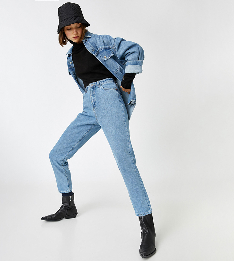 Buy Trendyol Faded High Waist Mom Fit Jeans In Blue | 6thStreet Oman