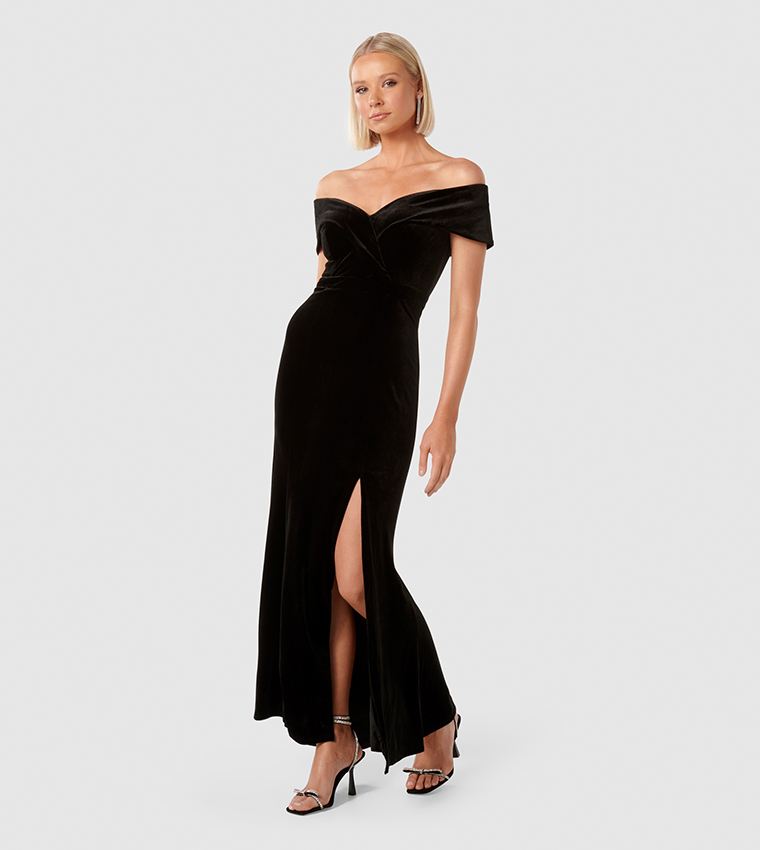 Velvet Off-Shoulder V-Cut Neck Long Sleeve Gown Dusty Rose