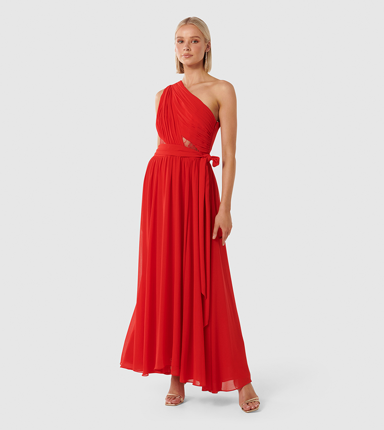 Buy Forever New LUCA One Shoulder Pleated Maxi Dress In Red