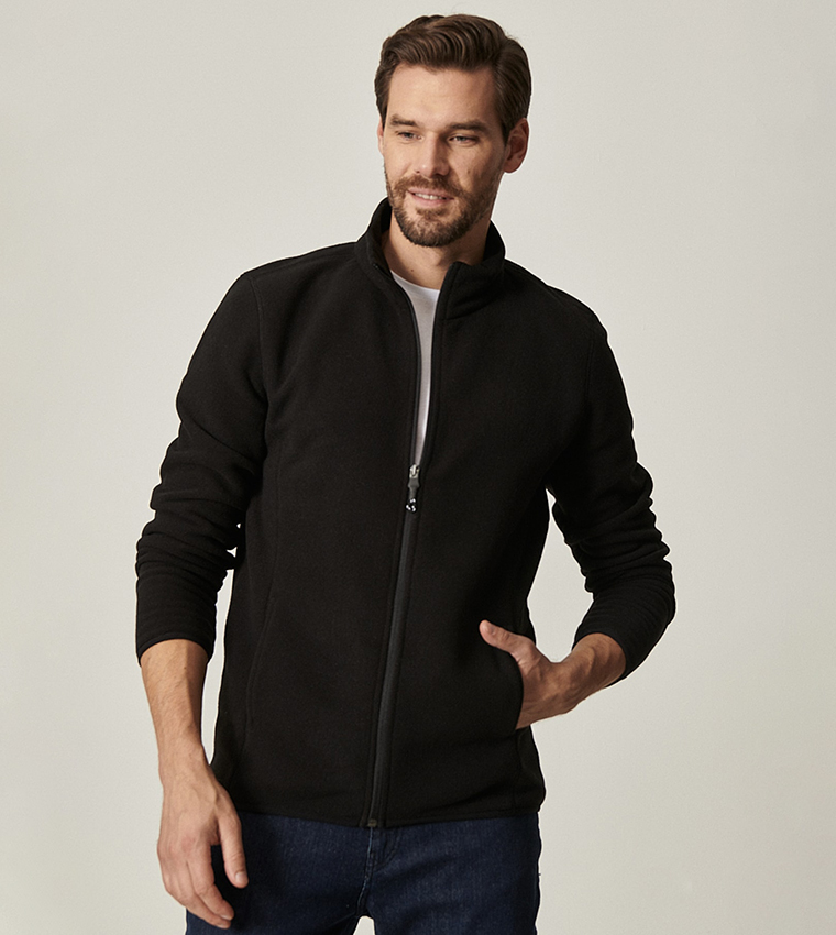 Buy ALTINYILDIZ CLASSICS Solid High Neck Fleece Jacket In Black ...