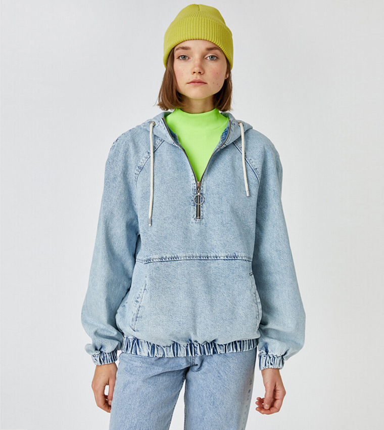 Denim half jacket with cap best sale