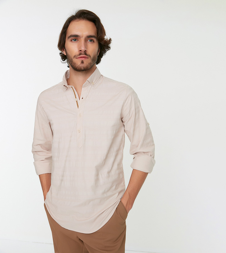 Buy Trendyol Slim Fit Half Pleated Buttoned Collar Shirt In Beige