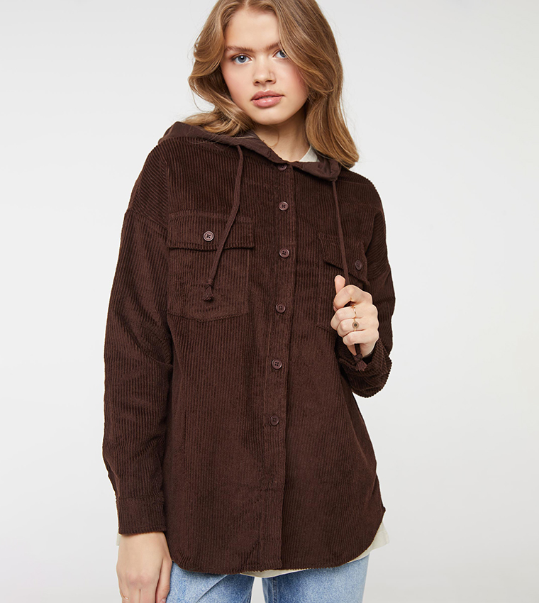 Buy Ardene Corduroy Hooded Shirt Jacket In Brown | 6thStreet Qatar