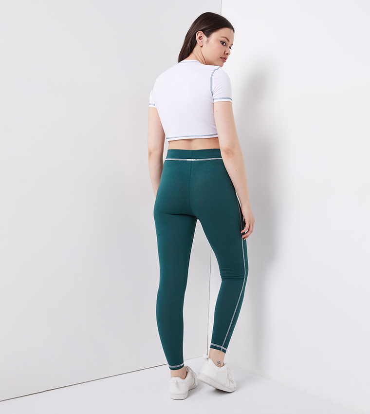 Buy Ardene Contrast Seam Leggings In Green