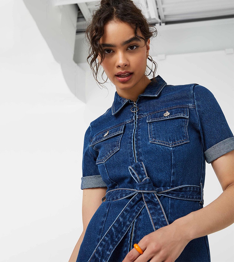 ardene denim dress Buy Ardene Zip Front Belted Denim Dress In Blue