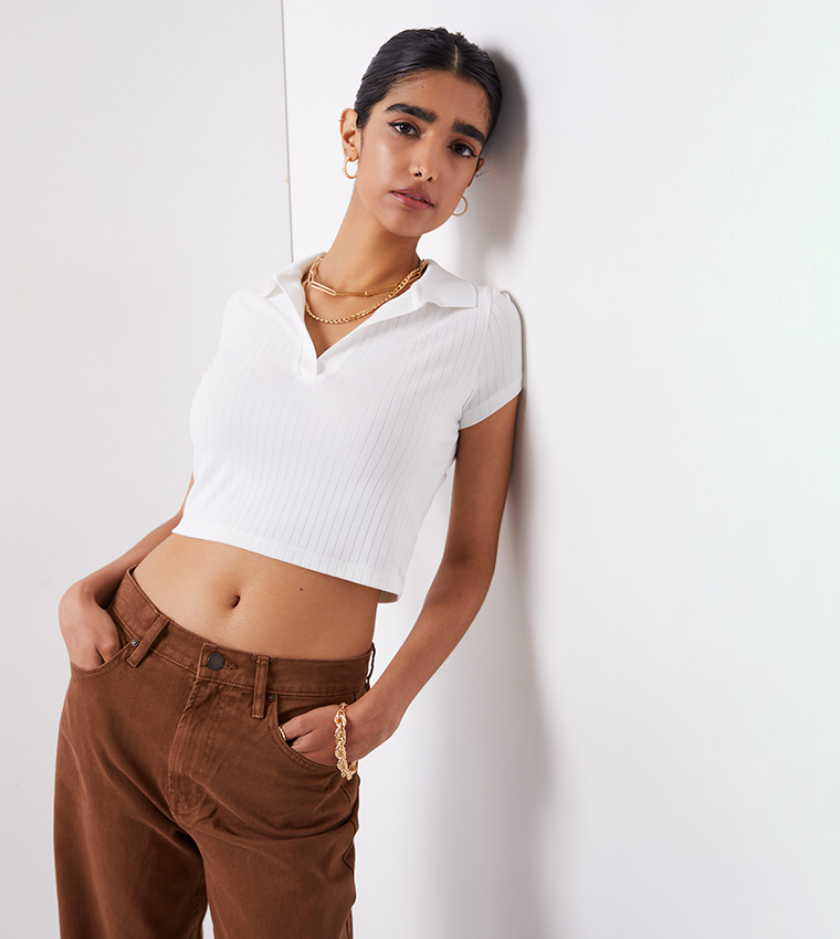 Buy Ardene A.C.W. Cropped Polo T Shirt In Off White