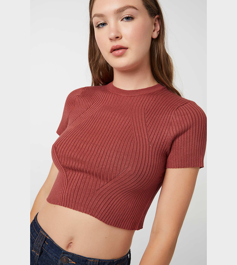 Buy Ardene Contour Ribbed Short Sleeve Sweater In Red