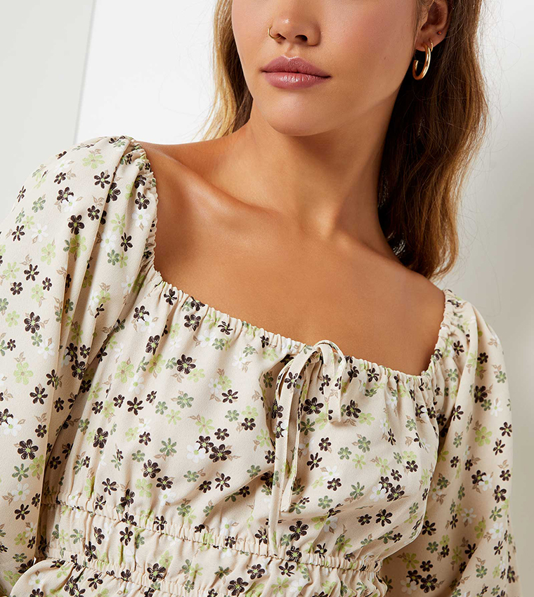 Daisy Floral Printed Long Sleeve Milkmaid Top