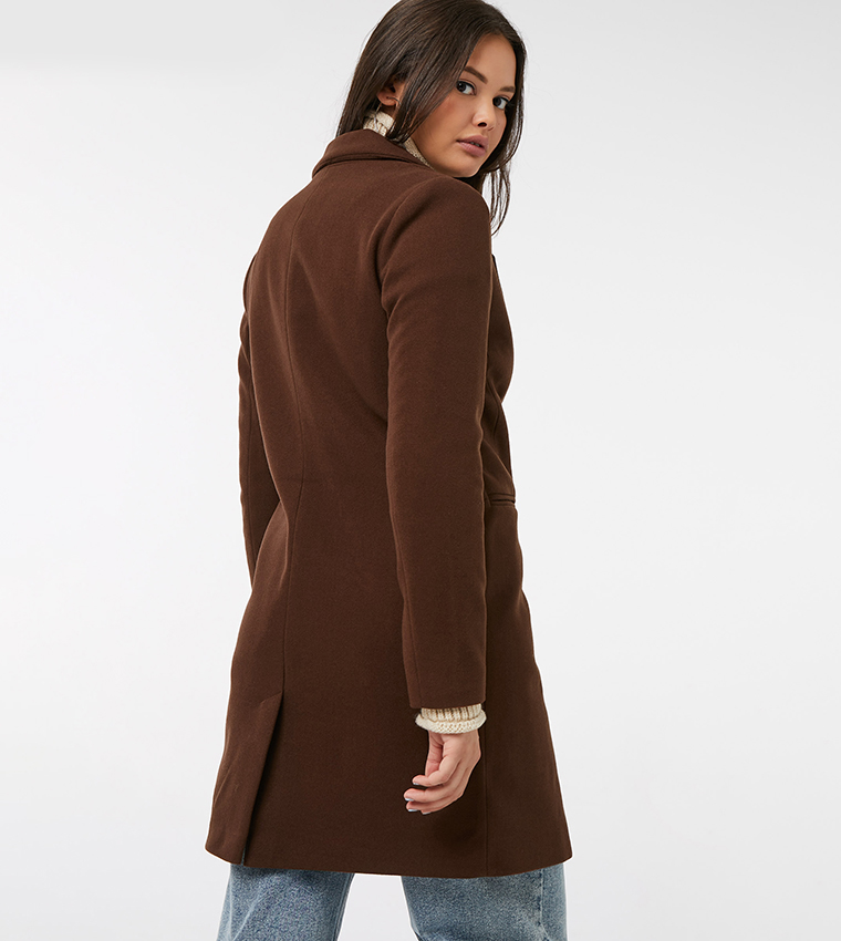 Buy Ardene Solid 2 Button Lapel Collar Coat In Brown 6thStreet Qatar