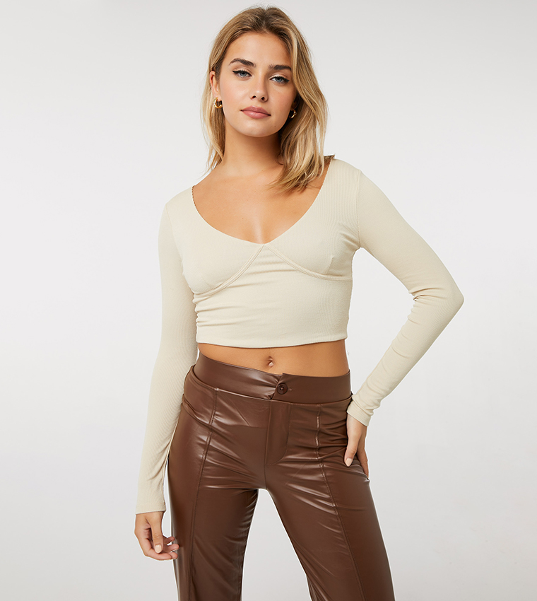Buy Ardene Long Sleeves Bustier Top With Buttons In Beige