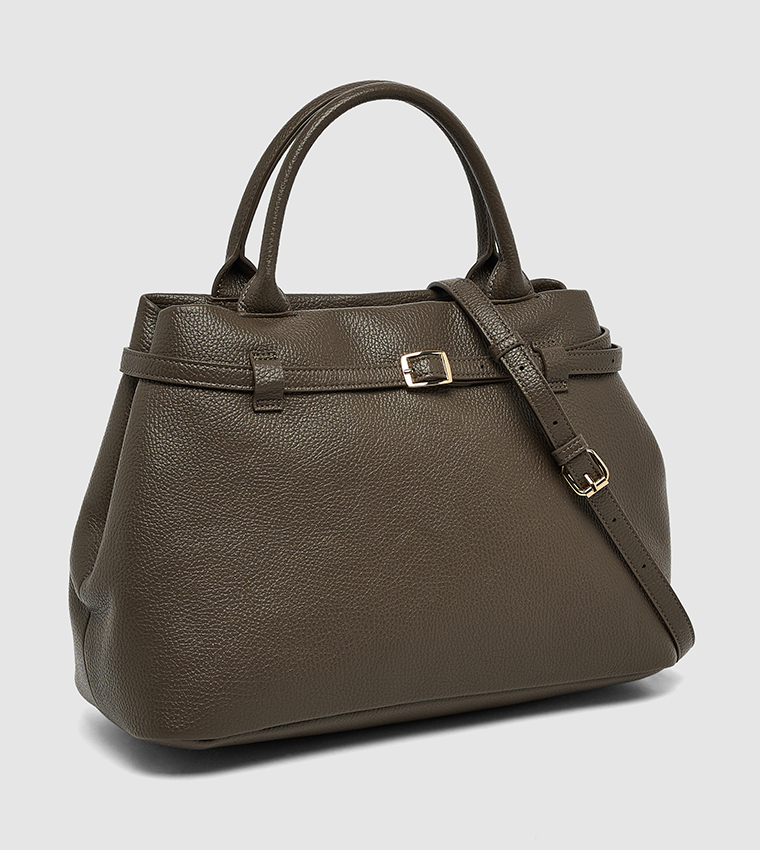 Textured Satchel Bag with Snap Button Closure