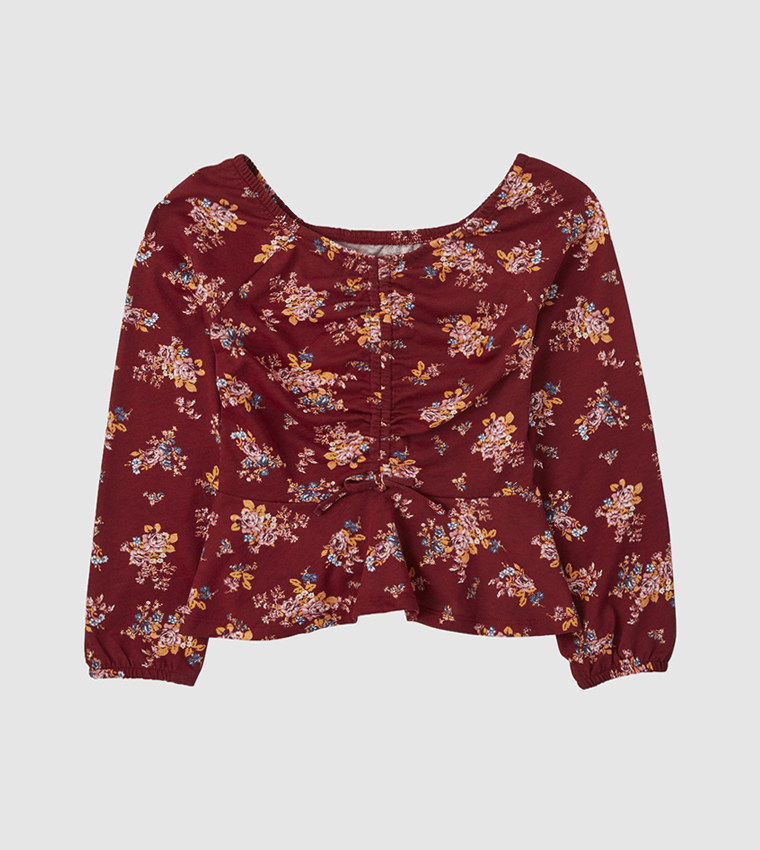 Printed Long Sleeves Ruched Top