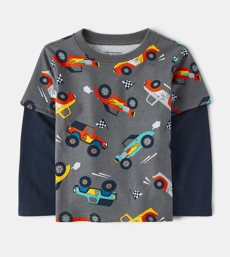 Boy's 2 in 1 Car Printed Round Neck T-Shirt