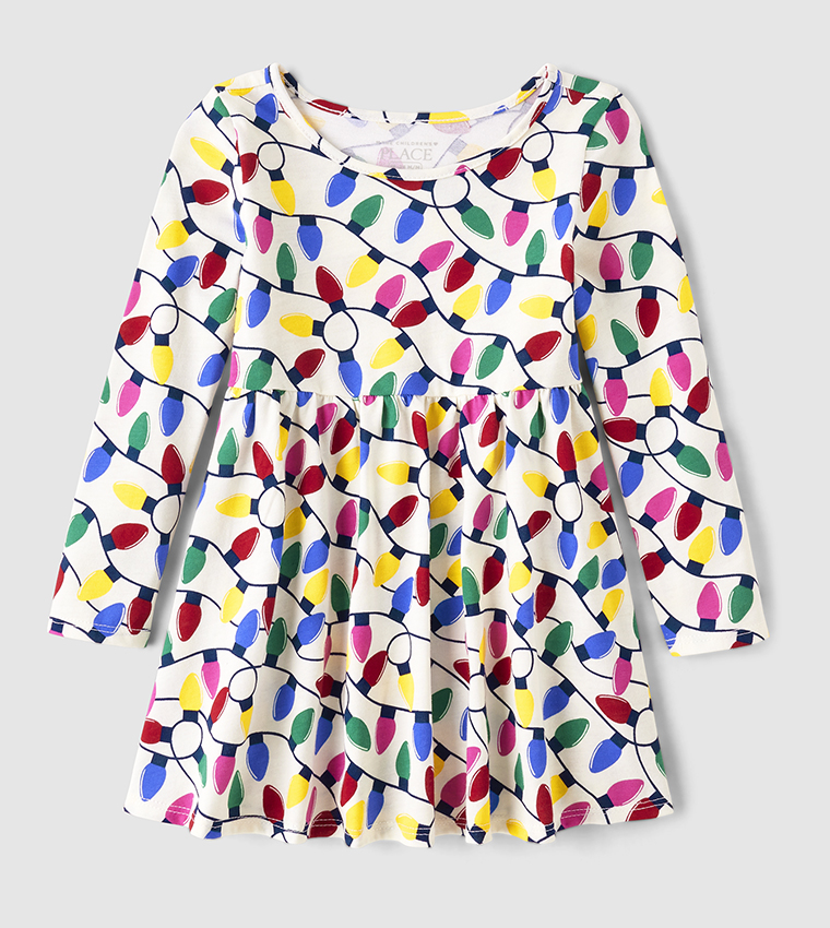 Girl's Christmas Lights Print Long Sleeves Dress