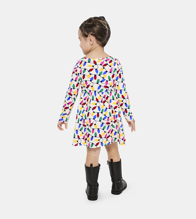 Girl's Christmas Lights Print Long Sleeves Dress