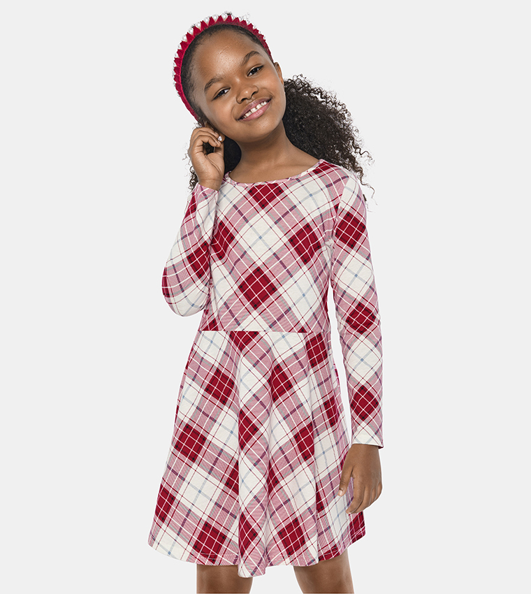 Buy The Children s Place Girl s Plaid Long Sleeves Knit Skater Dress In White 6thStreet Bahrain