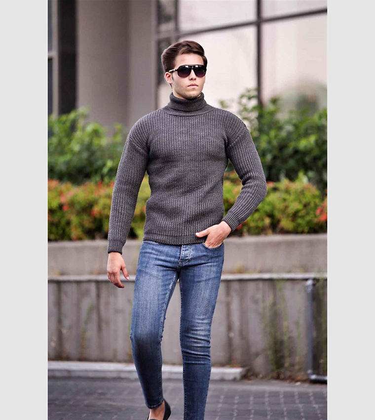 Grey ribbed turtleneck sweater hotsell