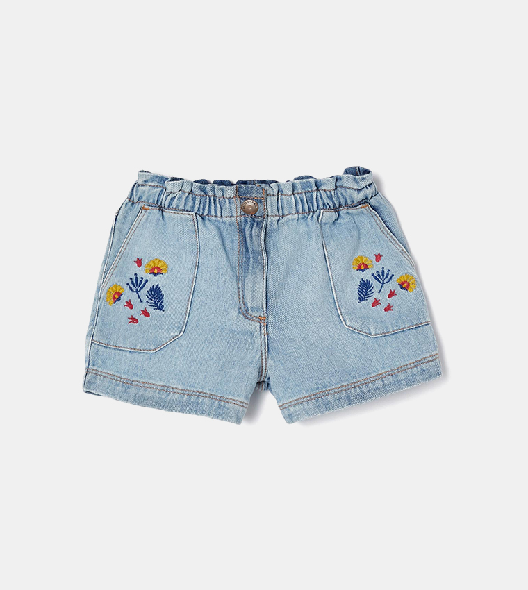 Buy Zippy Baby Girls Embroidered Denim Shorts In Blue