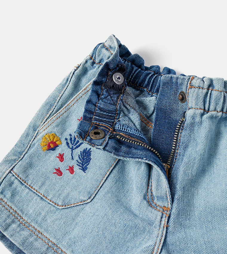 Buy Zippy Baby Girls Embroidered Denim Shorts In Blue