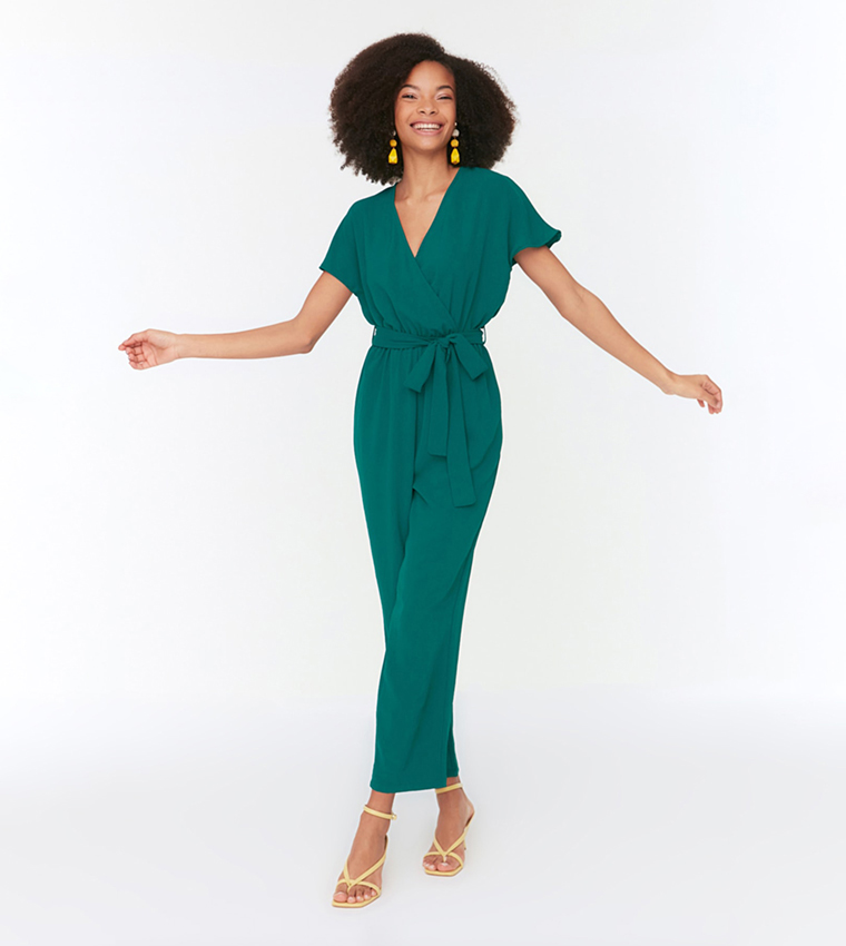Geometric Print Belted Wide Leg Jumpsuit
