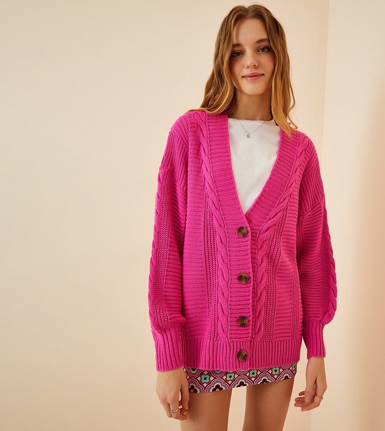 Buy Happiness İstanbul Balloon Sleeves Oversized Cardigan In Pink