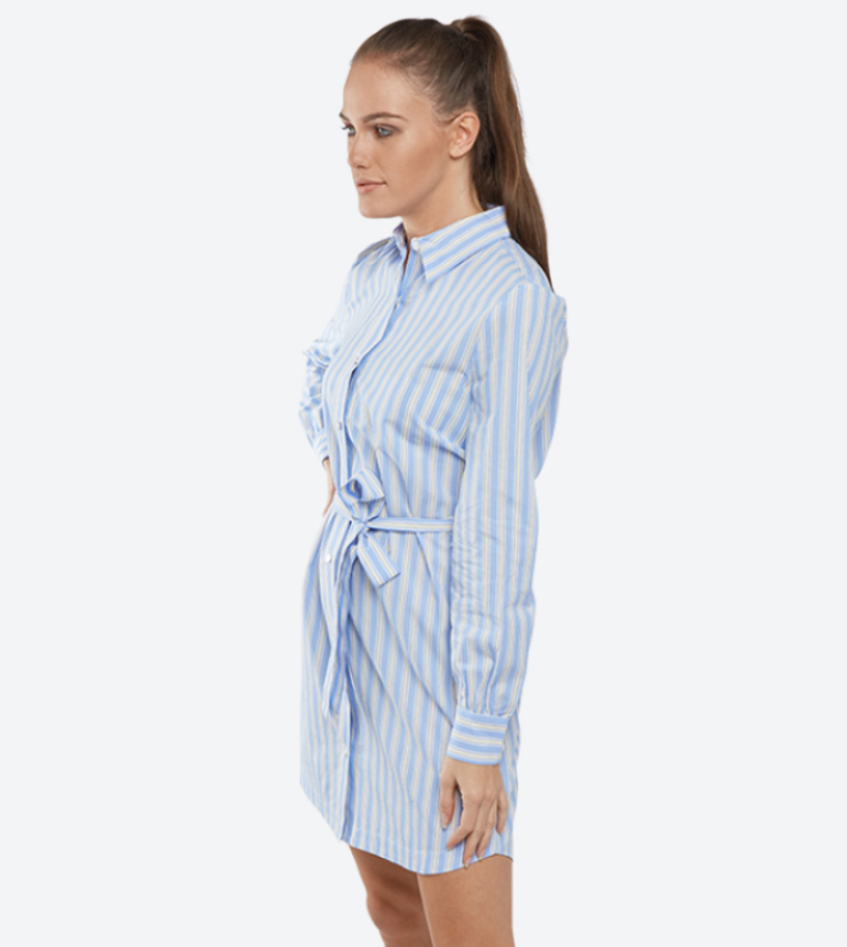 Striped Long Sleeve Shirt Dress - Blue 318-WFWD116622