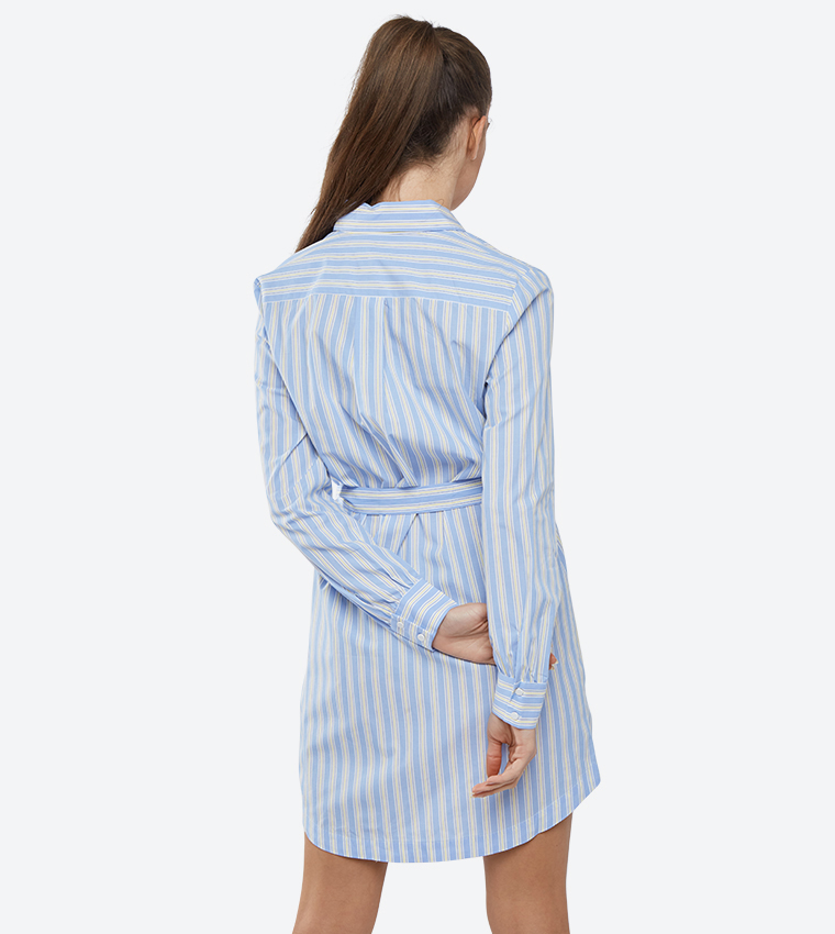 Striped Long Sleeve Shirt Dress - Blue 318-WFWD116622
