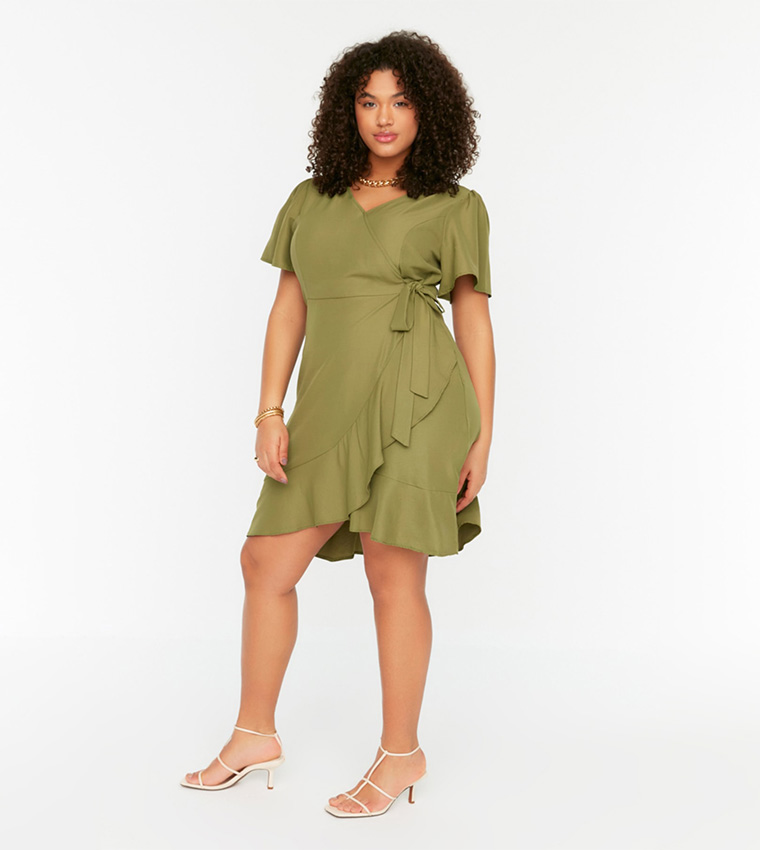 Double Breasted Collar Tie Frilled Dress