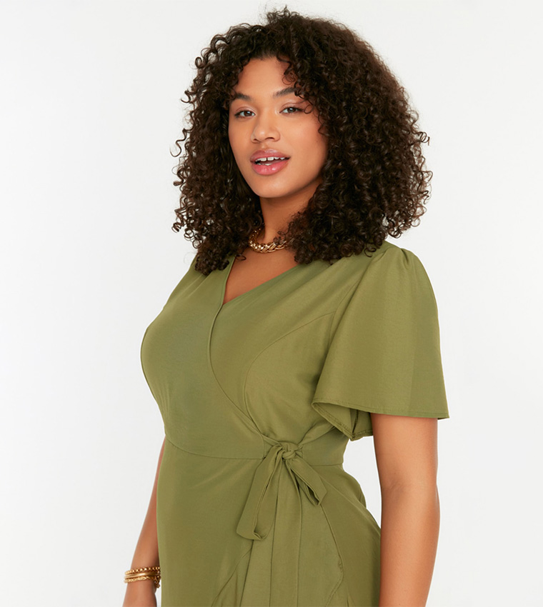 Double Breasted Collar Tie Frilled Dress