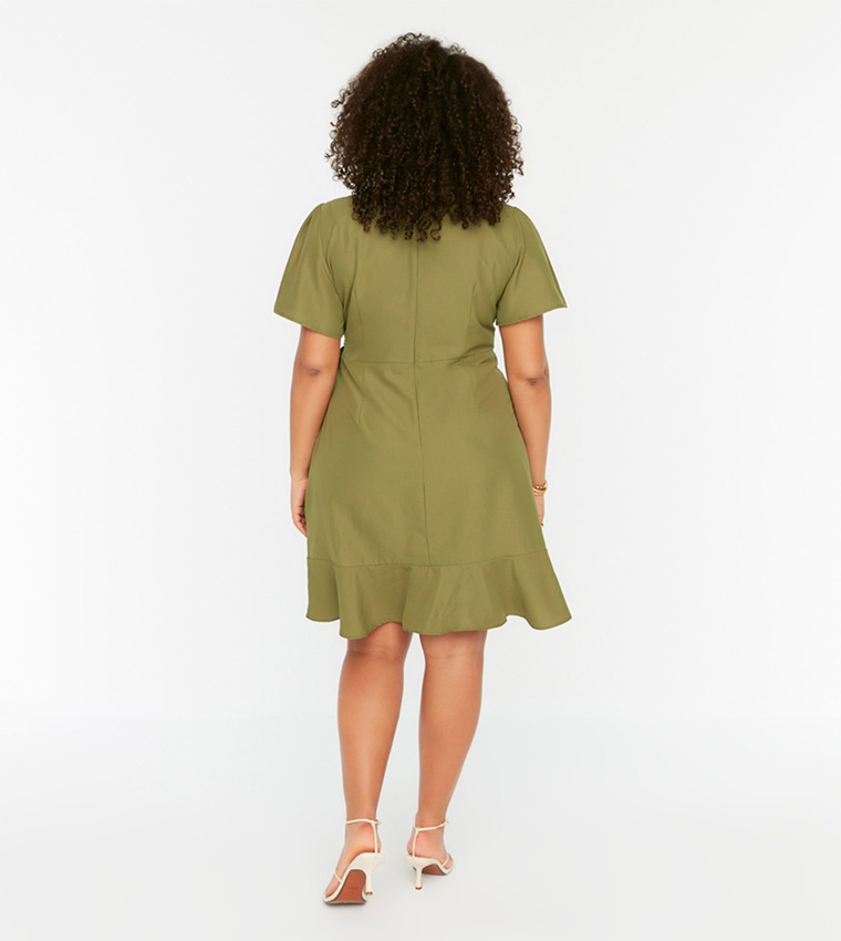 Double Breasted Collar Tie Frilled Dress