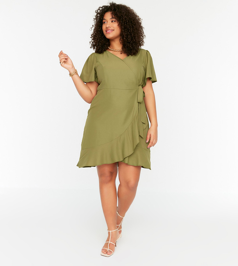 Double Breasted Collar Tie Frilled Dress