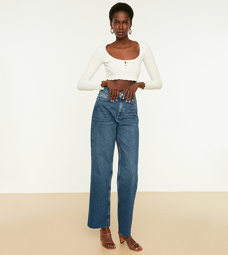 Buy Trendyol Waist Detail High Waist 90's Wide Leg Jeans in Blue