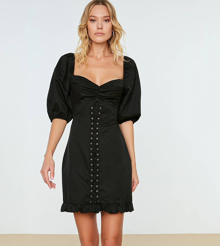 Abito Donna Trendyol Mini Bodycon – Maglia Slim Fit, Schiena Scoperta, Cotone Ed Elastan, Nero