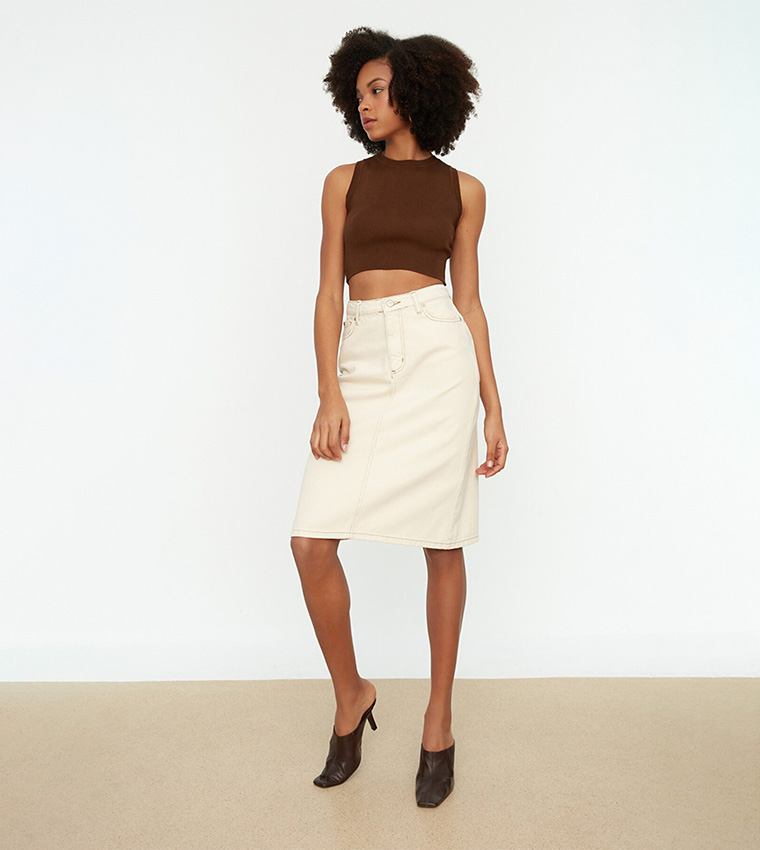 Pencil Skirt Beige Denim Skirt Midi Tan Denim Pencil Skirt Stone