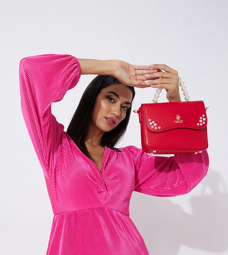 Logo Detail Pearl Top Handle Crossbody Bag