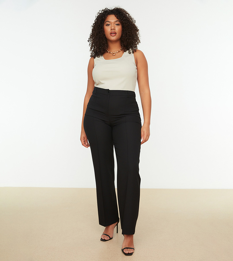 Plus Size Casual Pants, Women's Plus Solid Contrast Lace Elastic High Rise  Medium Stretch Tapered Leg Crop Trousers