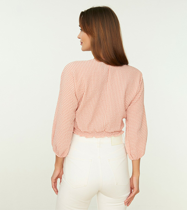 Gingham Tie Detail V Neck Crop Top