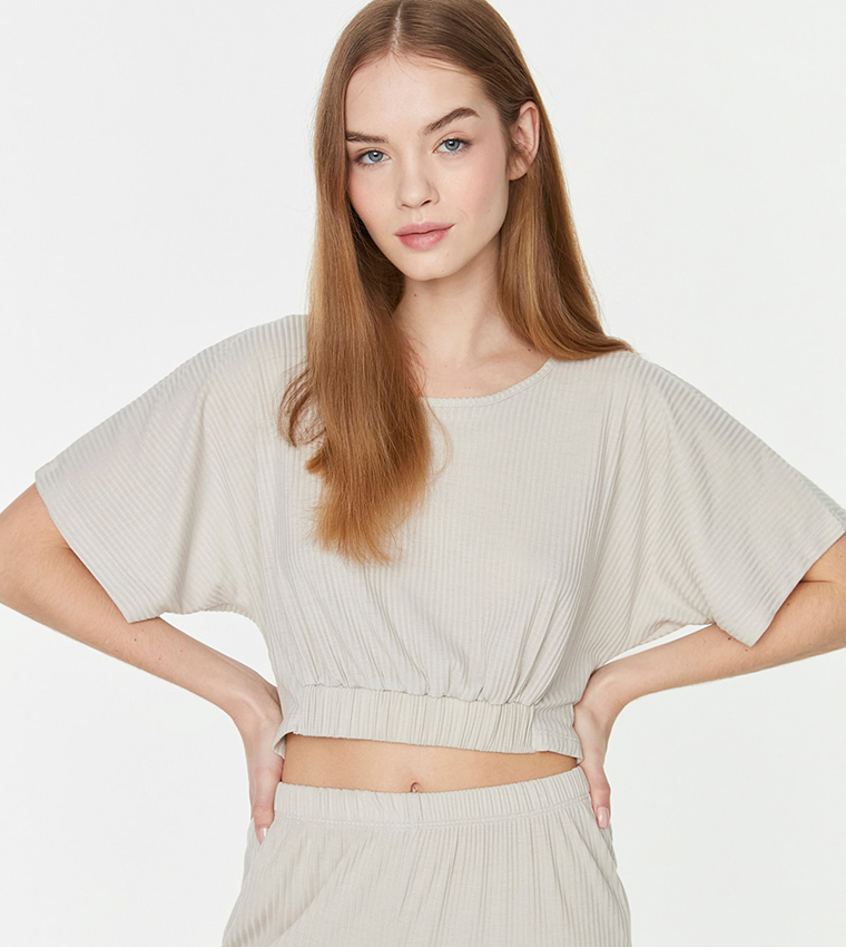 Buy Trendyol Lace Detailed Camisole Knitted Pajamas Set In Beige