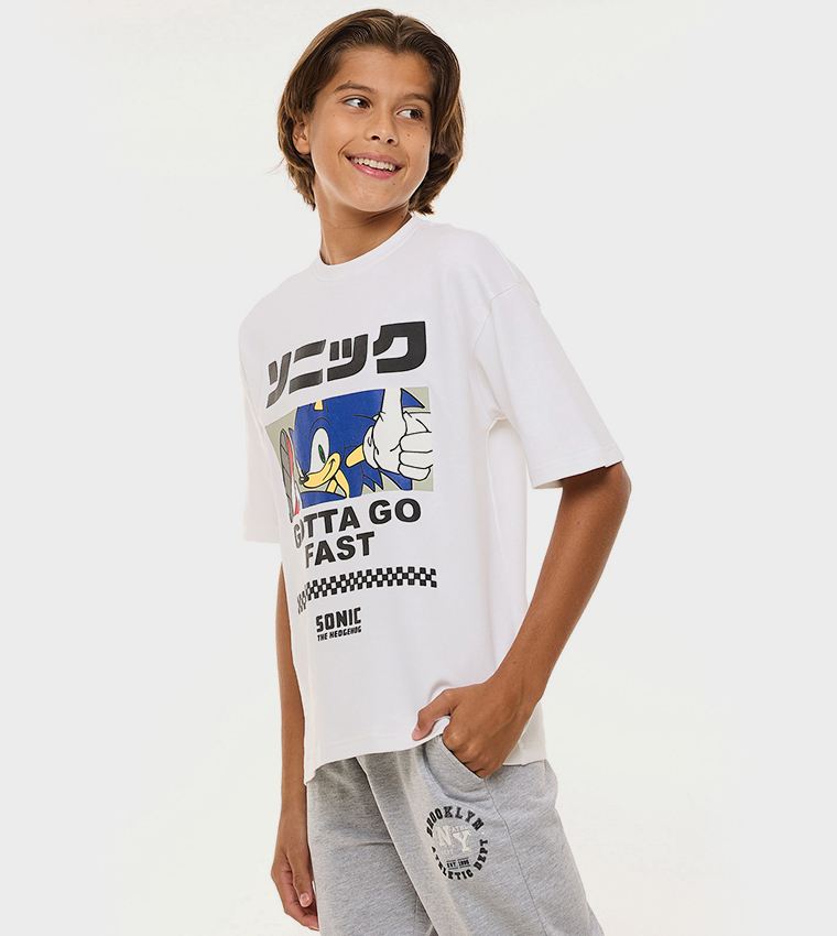 Sonic Print T-Shirt with Crew Neck and Short Sleeves