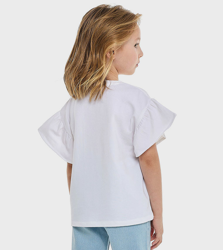 Printed Top with Crew Neck and Flutter Sleeves